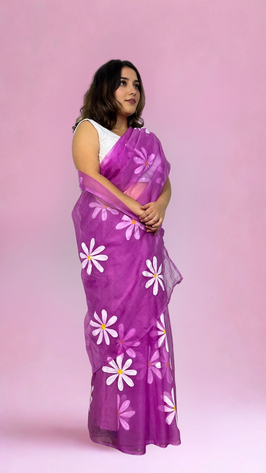 Daisies on Lavender Hand-painted Pure Organza