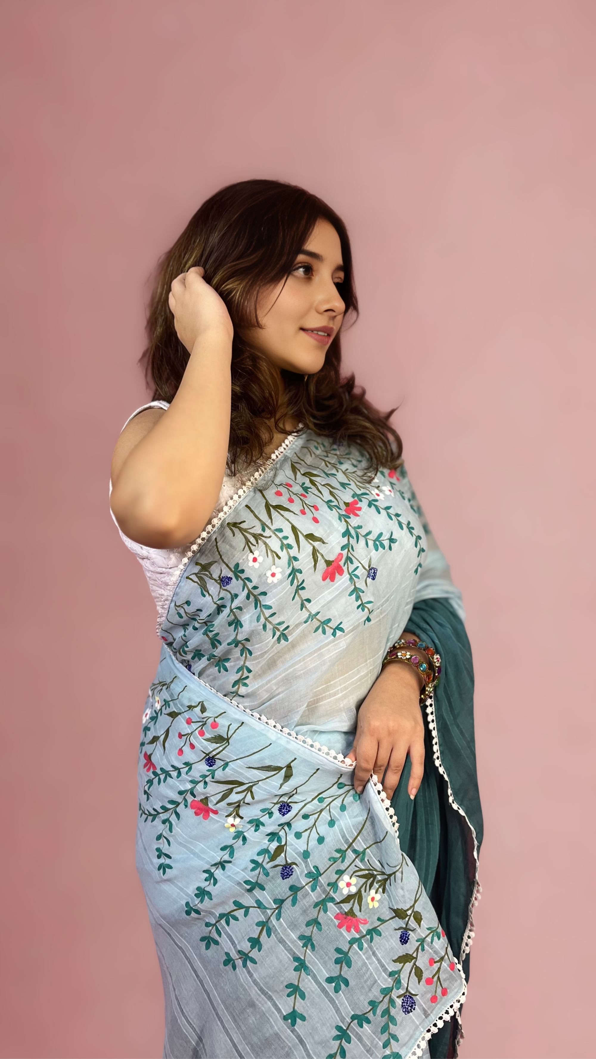 Blue Ombre Hand-painted Mulmul Saree
