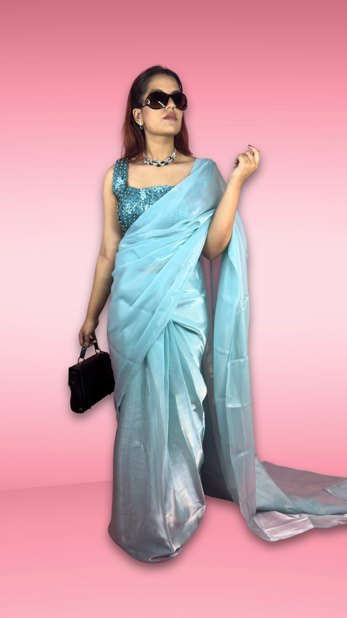 Sea Green Jimmy Choo Organza Saree with Floral Sequin Blouse