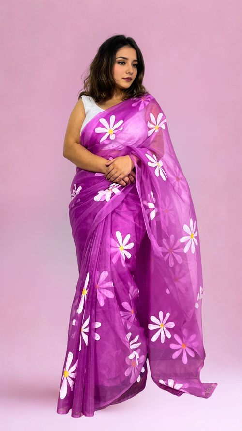 Daisies on Lavender Hand-painted Pure Organza