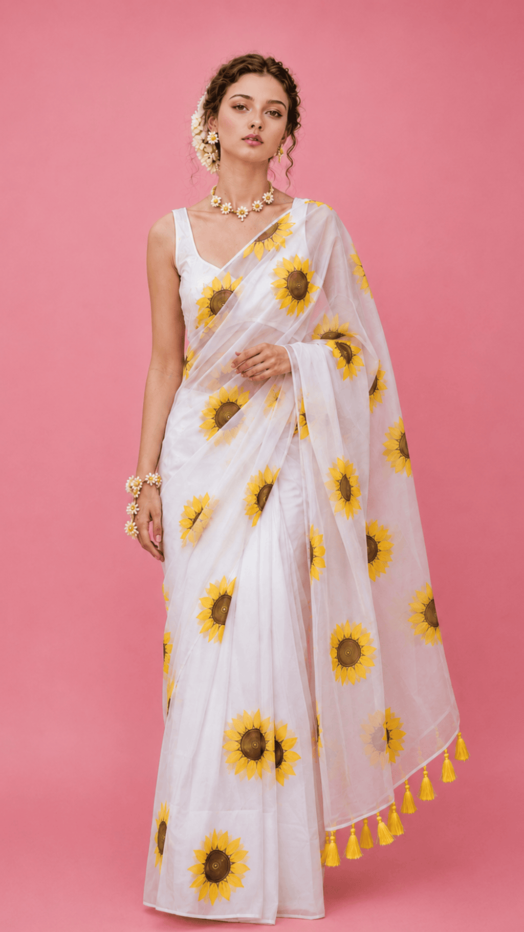 Sunflower White Handpainted Organza