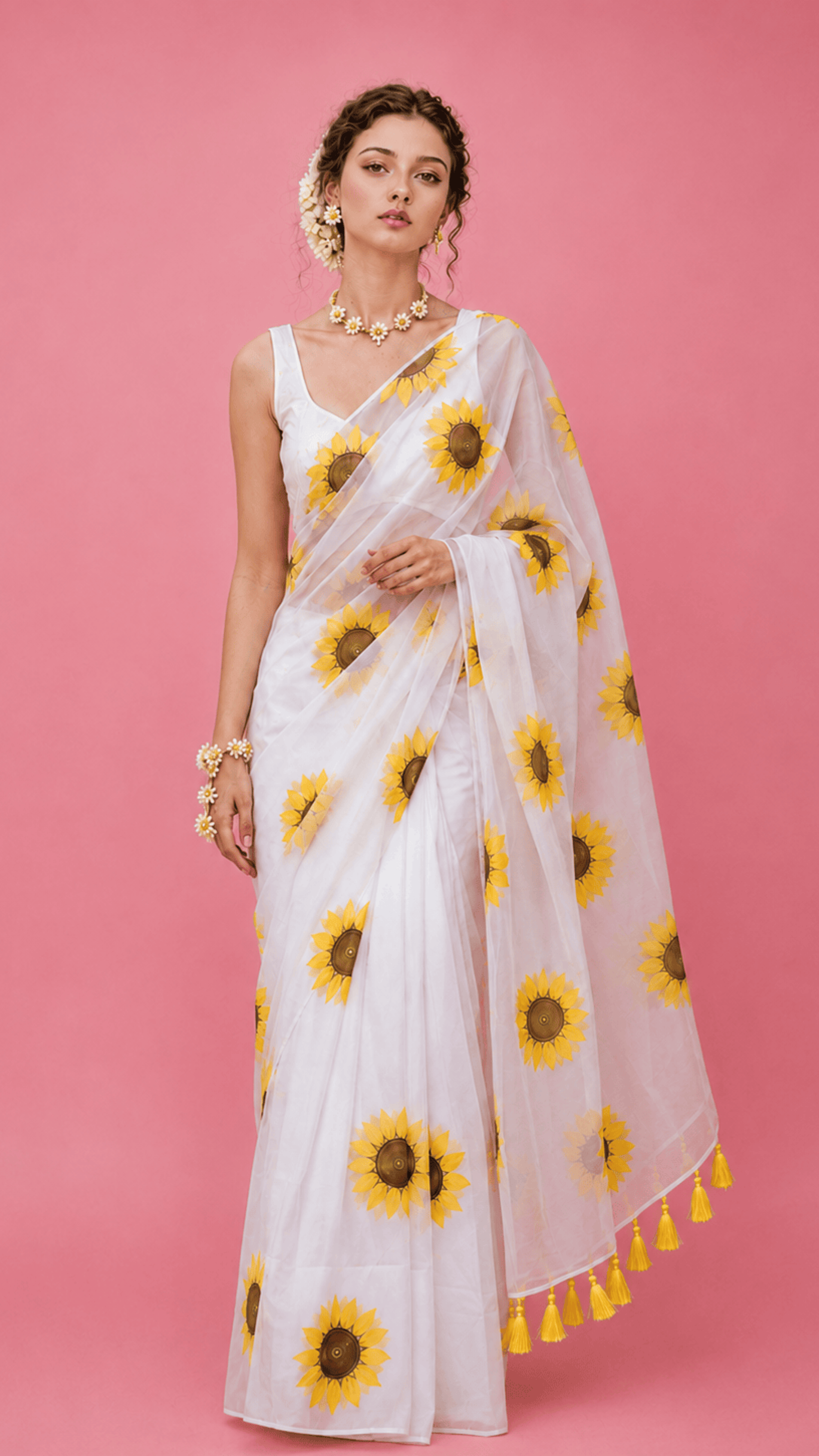 Sunflower White Handpainted Organza