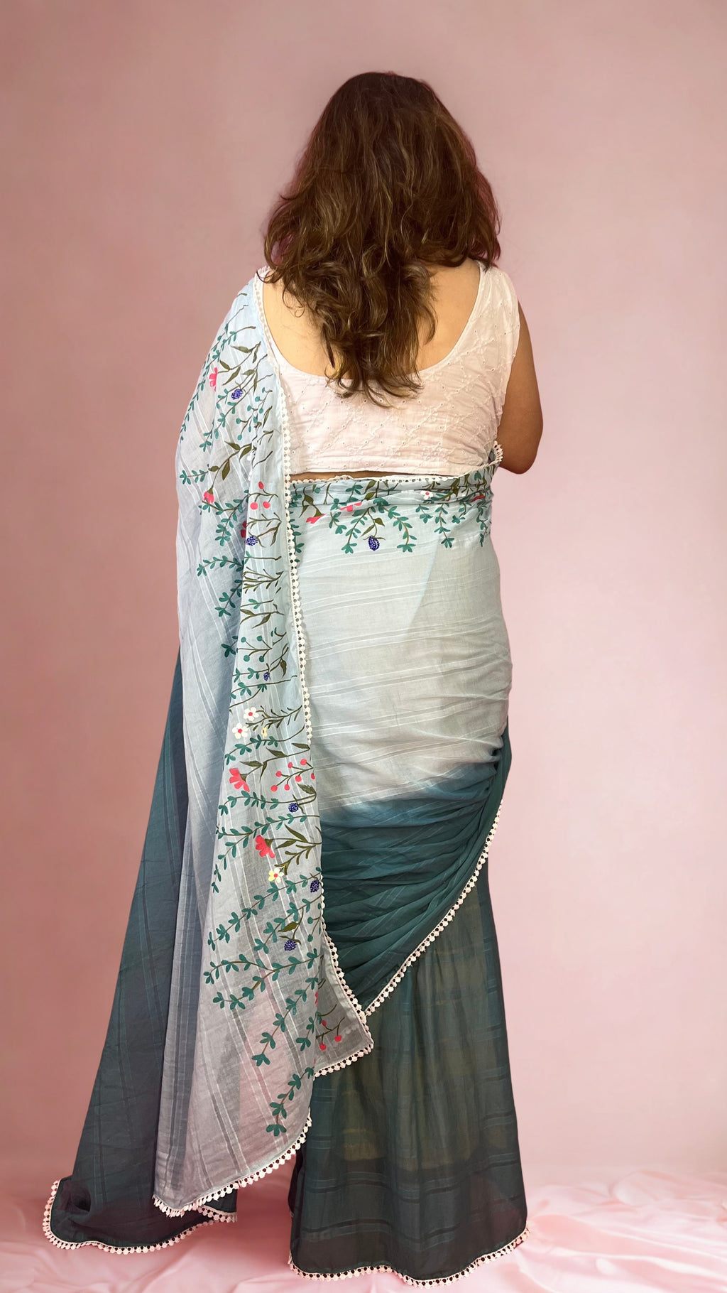 Blue Ombre Hand-painted Mulmul Saree