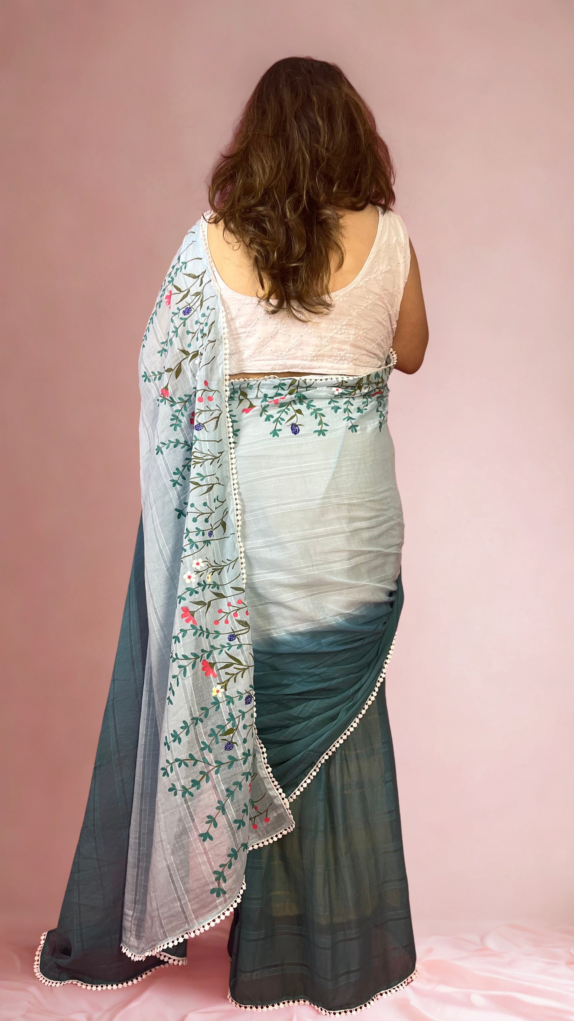 Blue Ombre Hand-painted Mulmul Saree