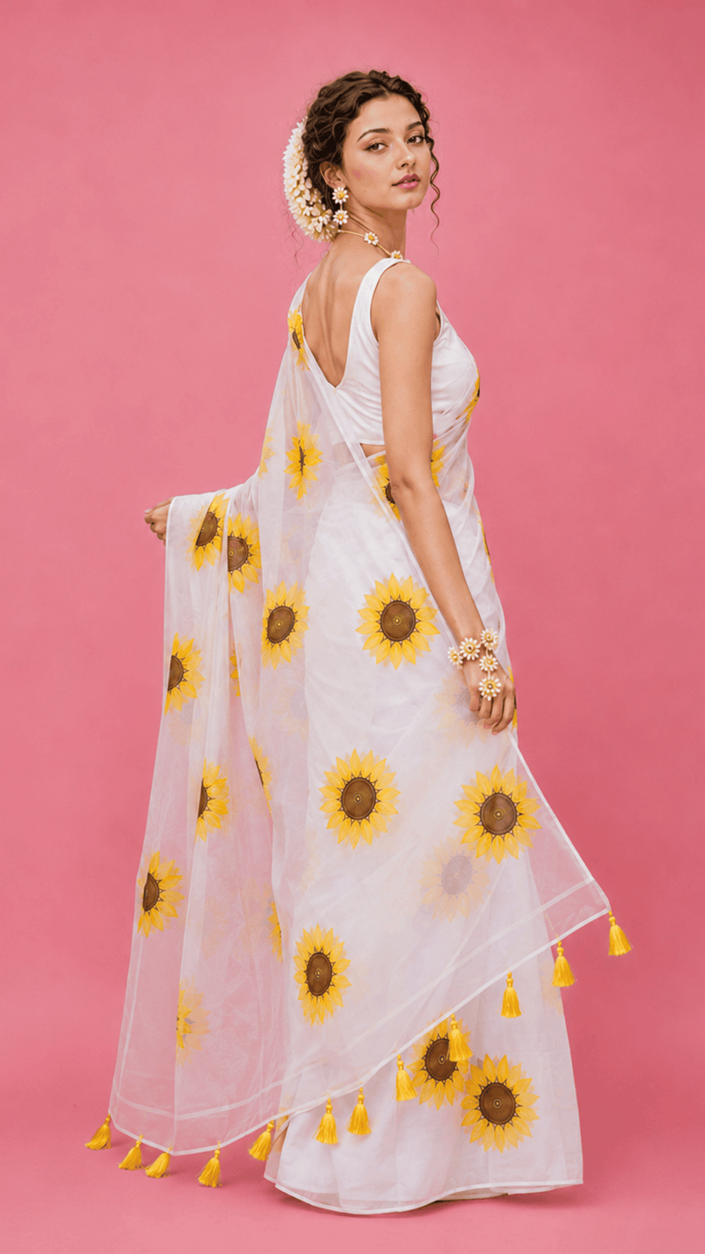 Sunflower White Handpainted Organza