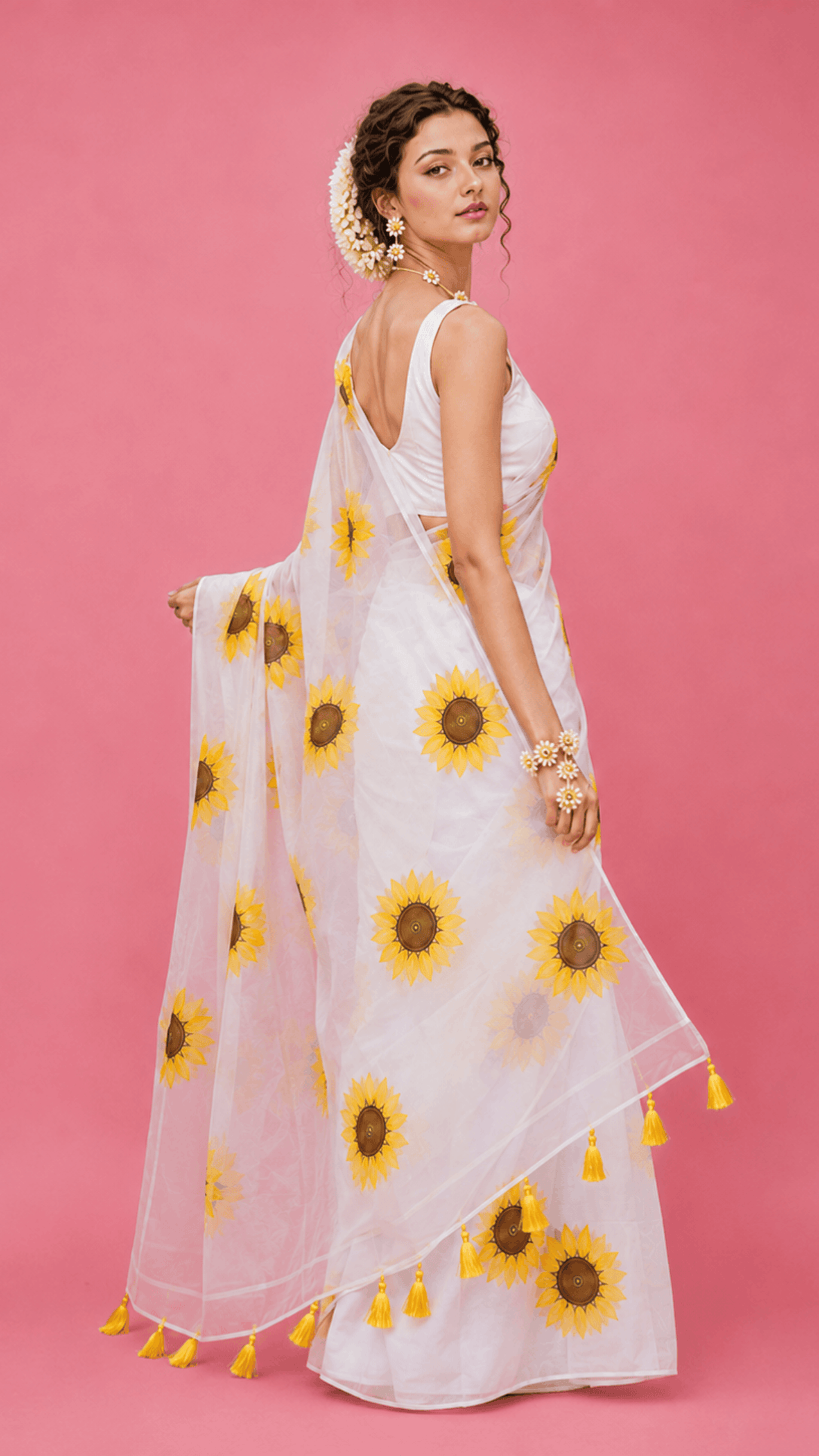 Sunflower White Handpainted Organza