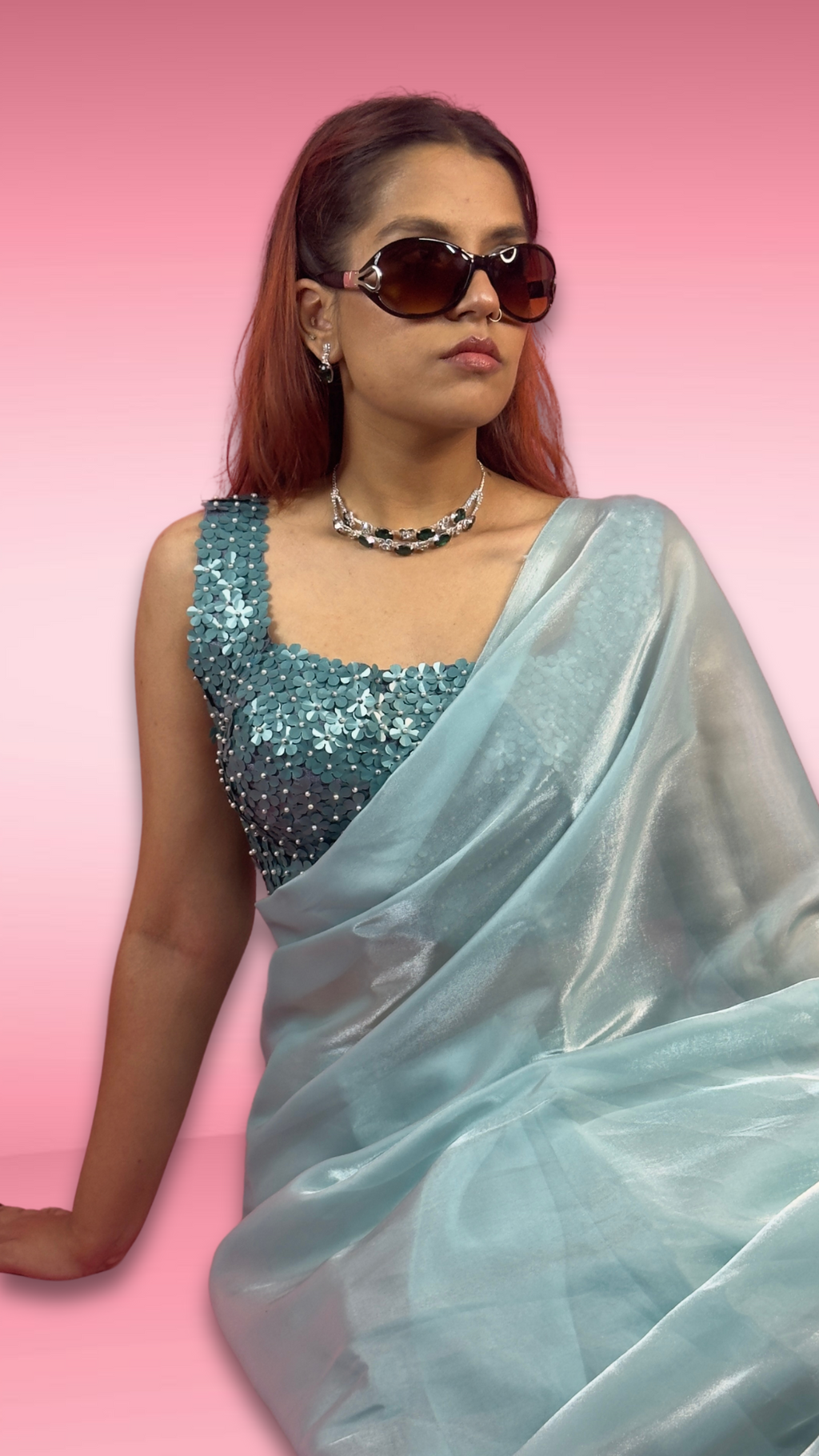 Sea Green Jimmy Choo Organza Saree with Floral Sequin Blouse