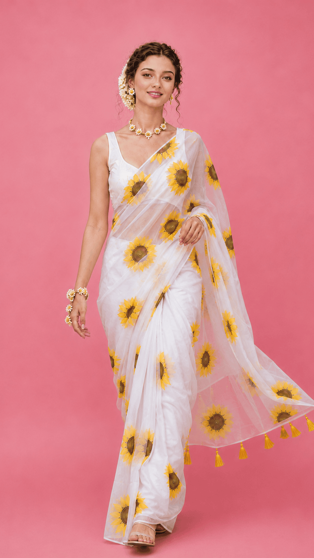 Sunflower White Handpainted Organza