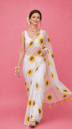 Sunflower White Handpainted Organza