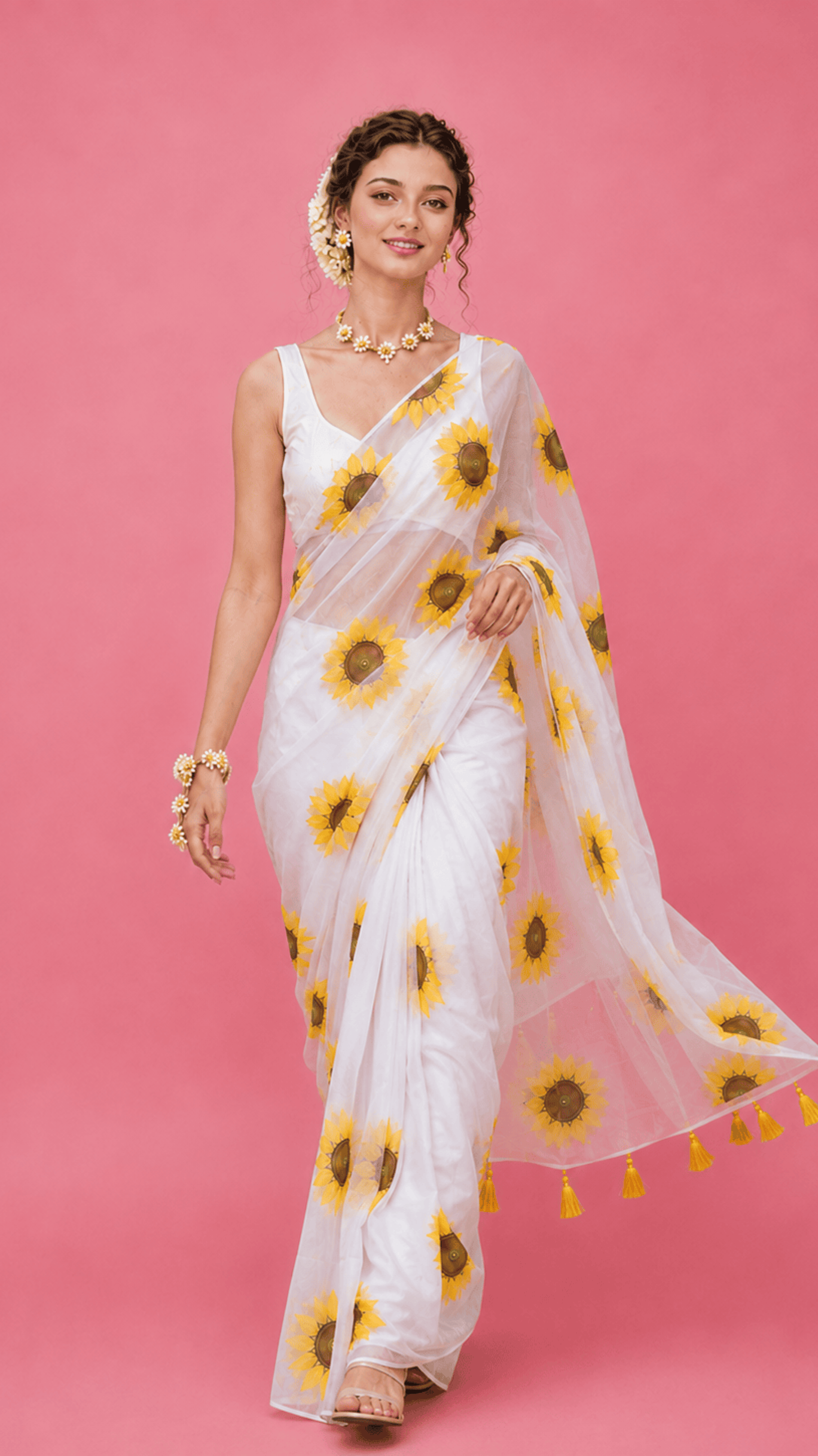 Sunflower White Handpainted Organza
