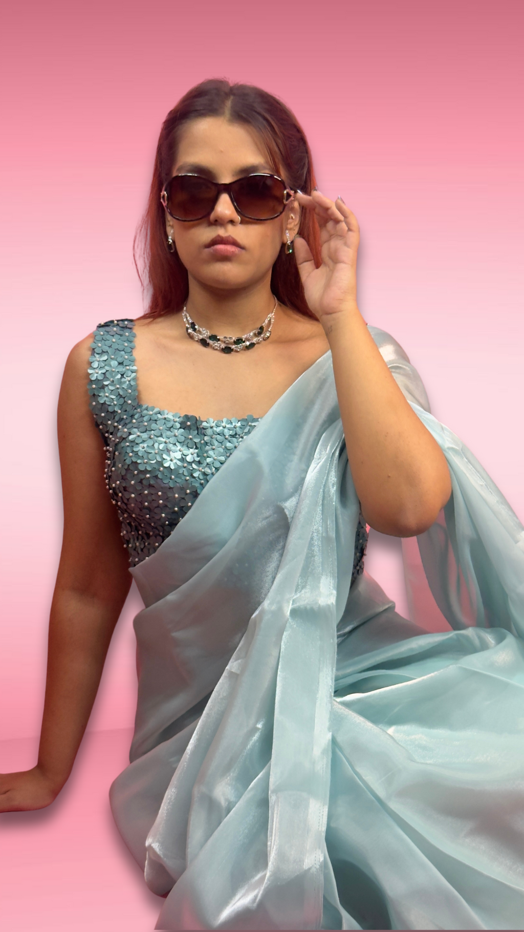 Sea Green Jimmy Choo Organza Saree with Floral Sequin Blouse