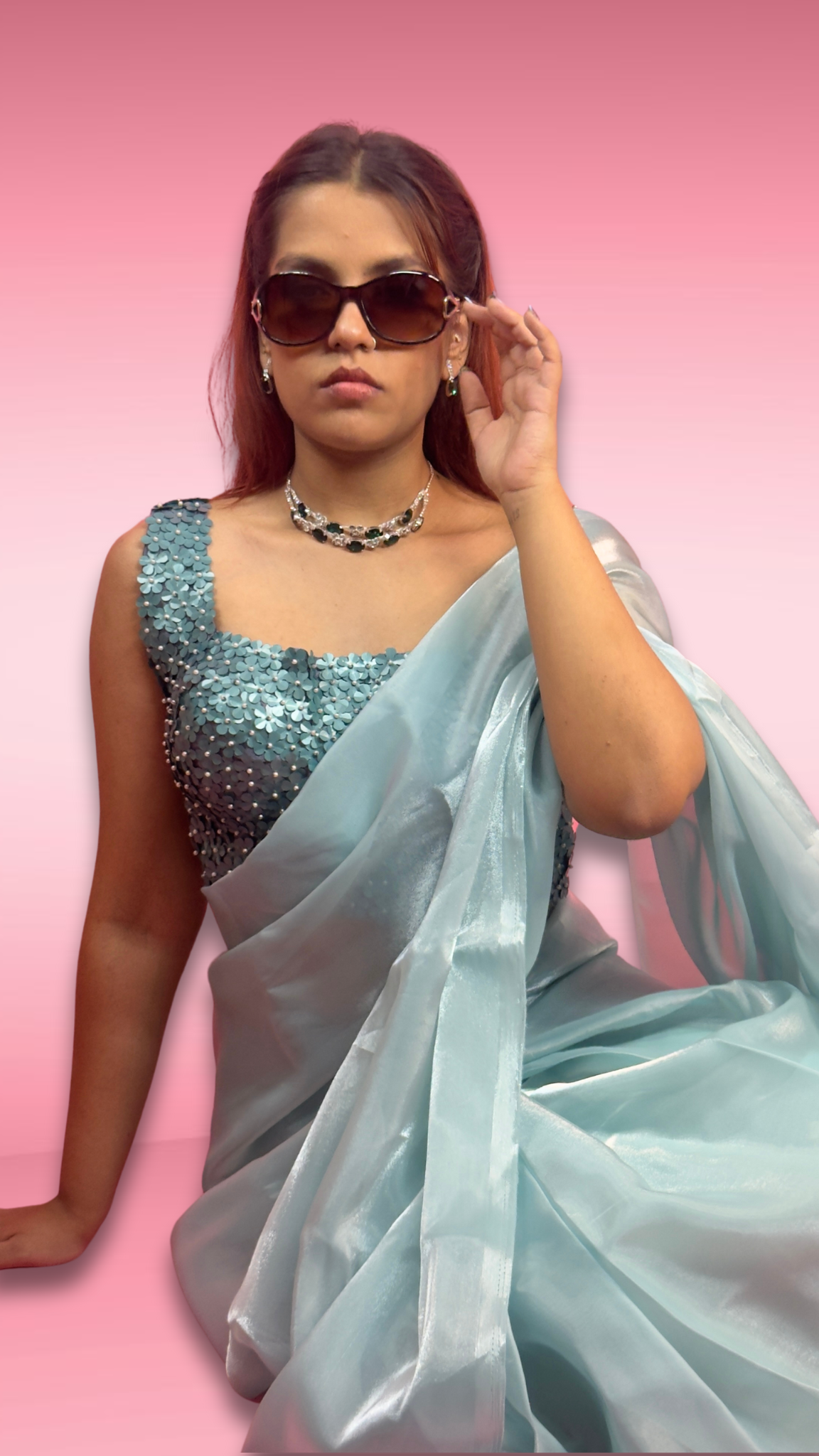 Sea Green Jimmy Choo Organza Saree with Floral Sequin Blouse