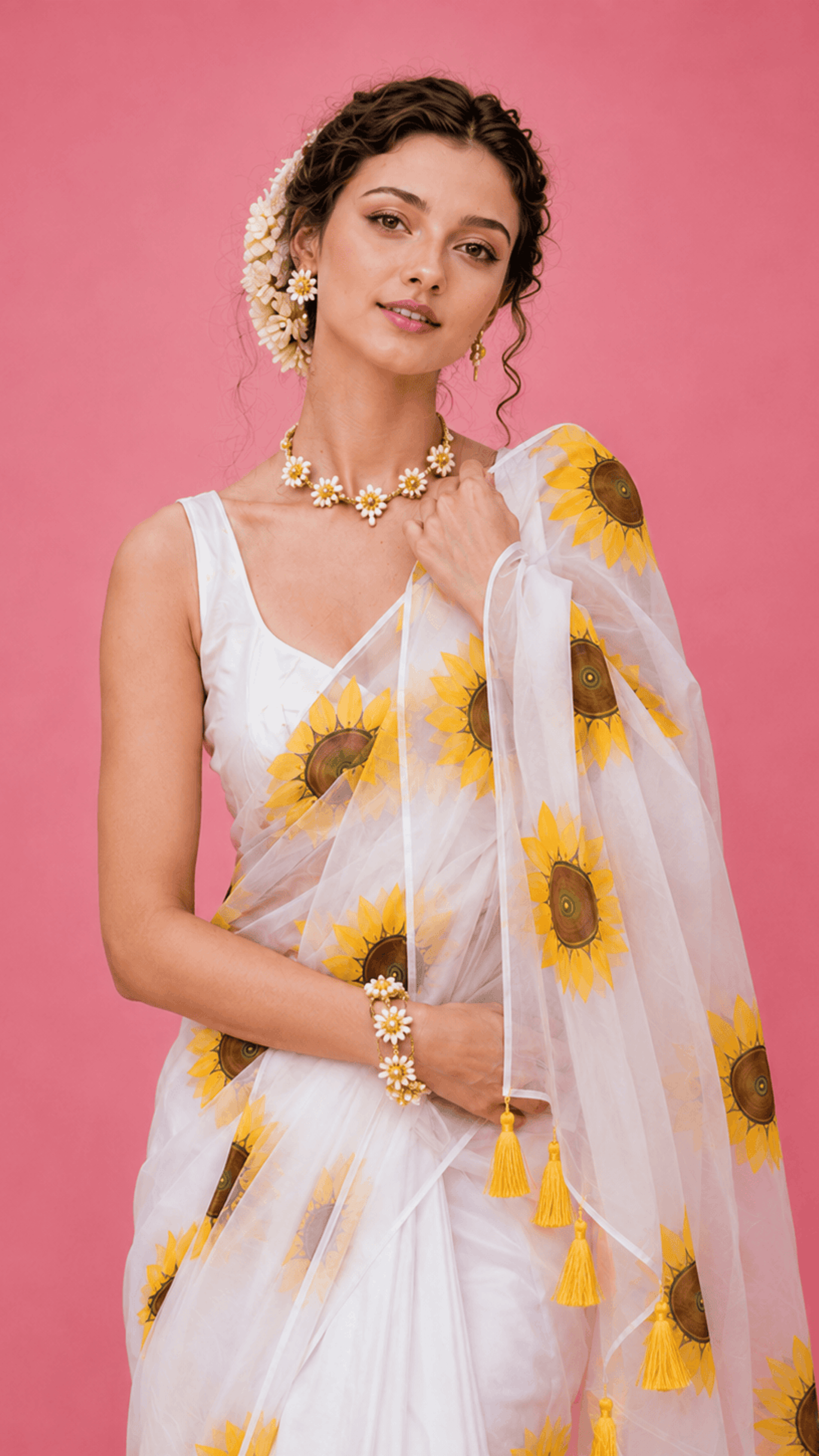 Sunflower White Handpainted Organza