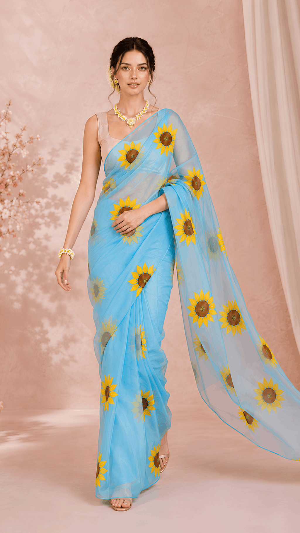 Sunflower Blue Handpainted Organza
