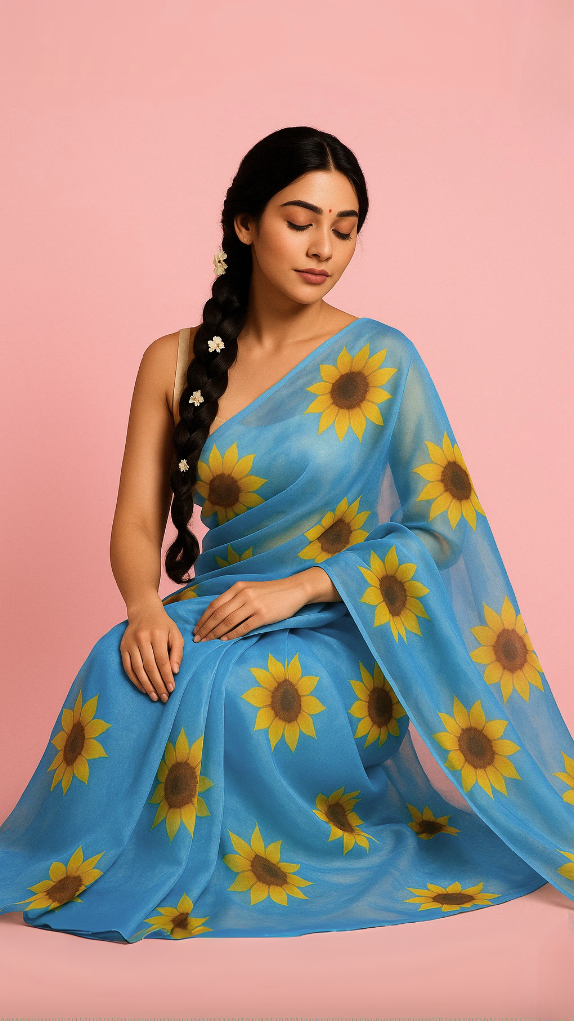 Sunflower Blue Handpainted Organza