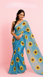 Sunflower Blue Handpainted Organza