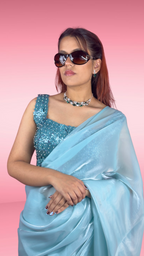 Sea Green Jimmy Choo Organza Saree with Floral Sequin Blouse