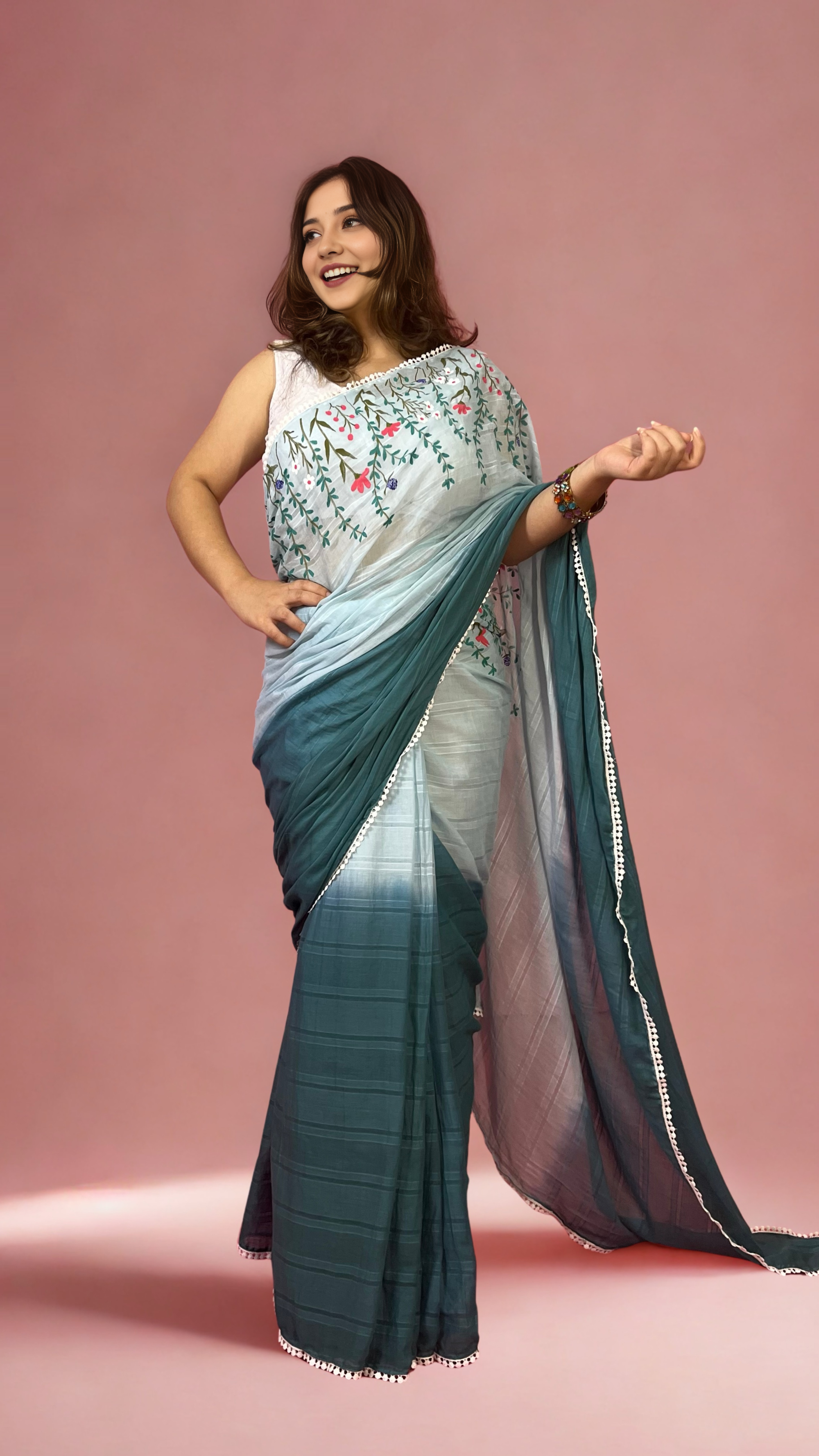 Blue Ombre Hand-painted Mulmul Saree