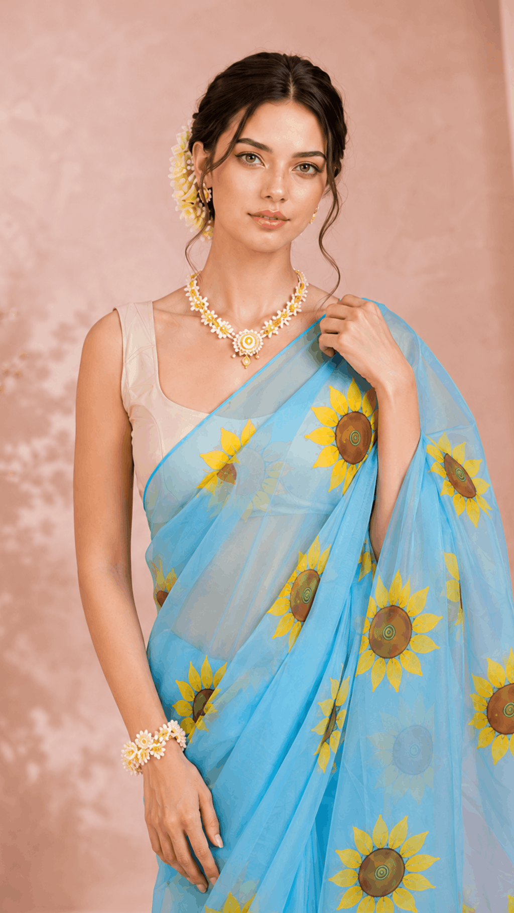 Sunflower Blue Handpainted Organza