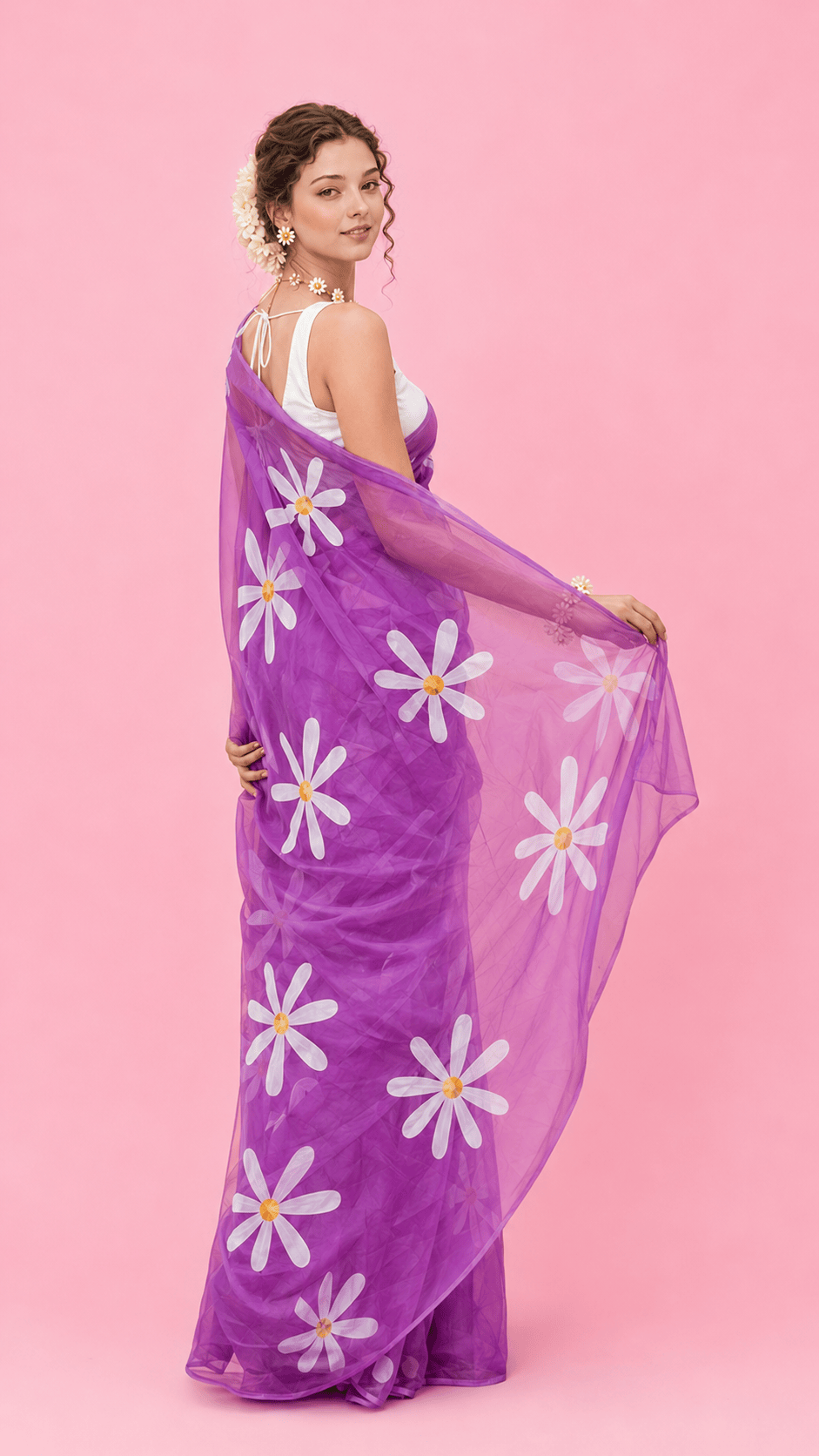 Daisies on Lavender Hand-painted Pure Organza