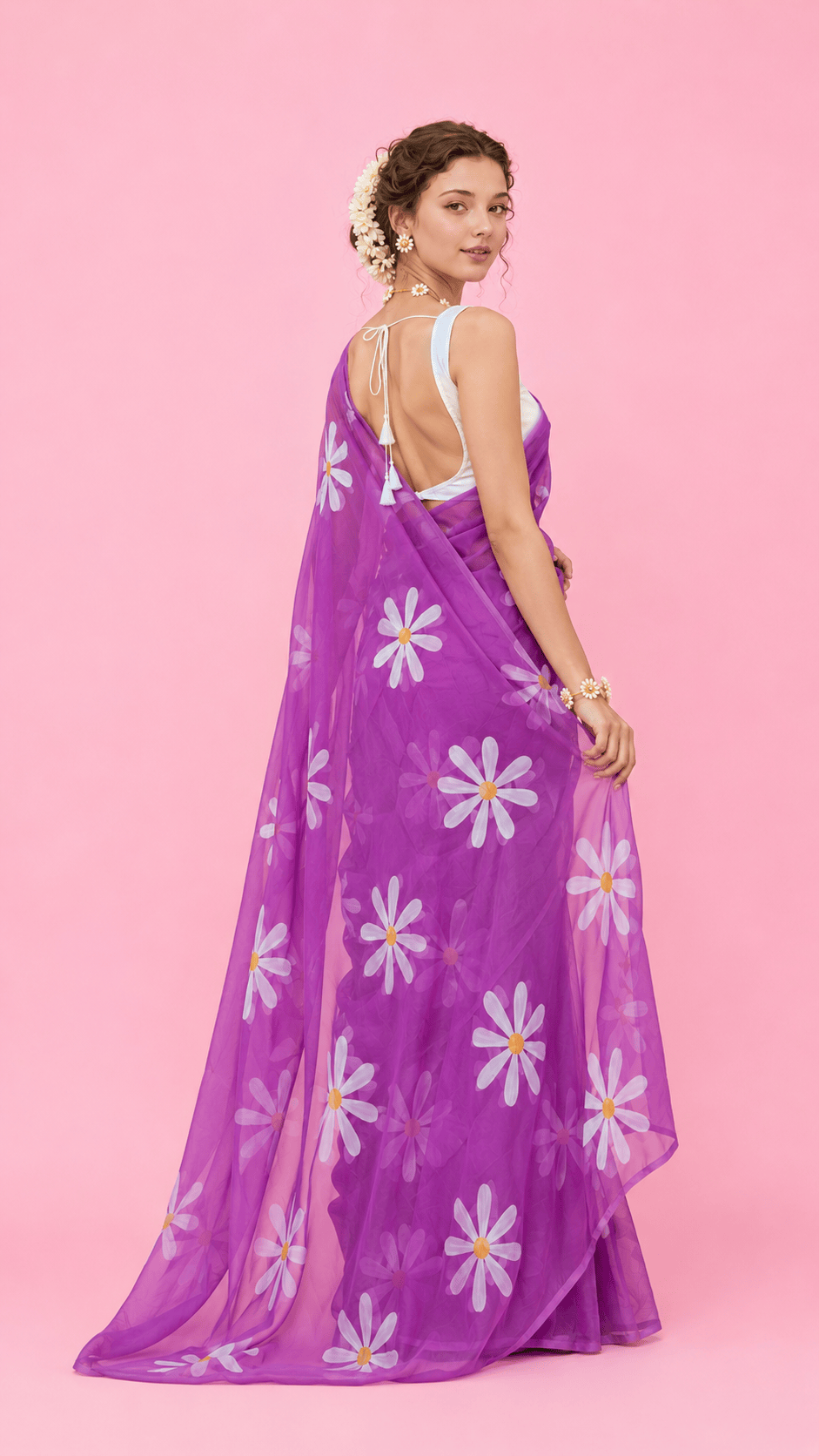 Daisies on Lavender Hand-painted Pure Organza
