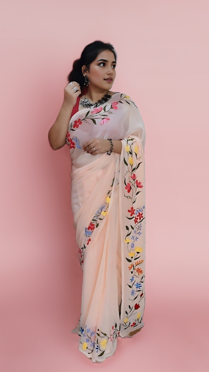 Floral Peach - Handpainted Georgette Saree