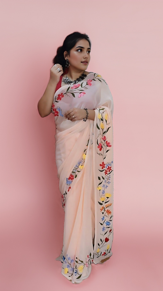 Floral Peach - Handpainted Georgette Saree