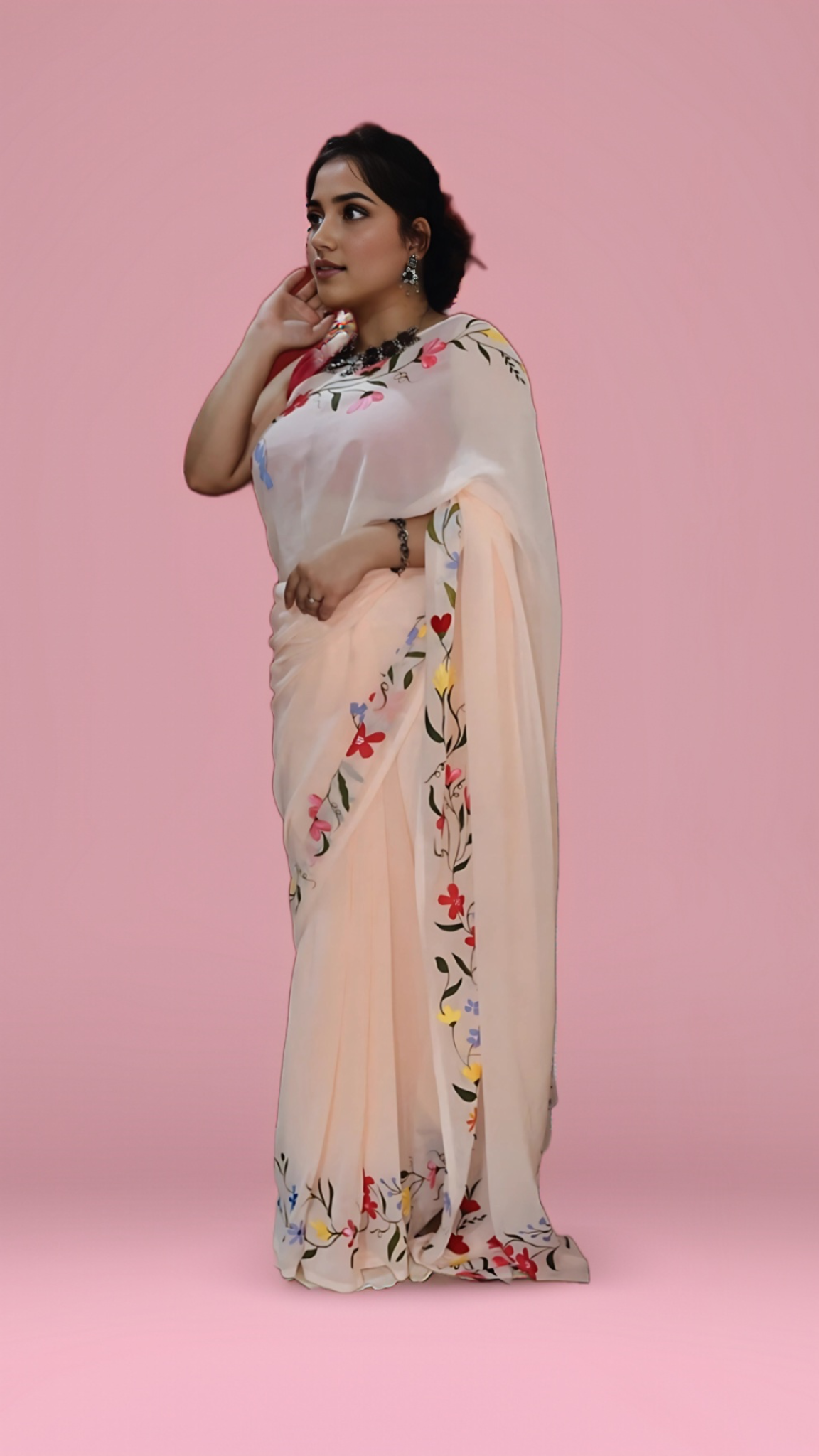 Floral Peach - Handpainted Georgette Saree