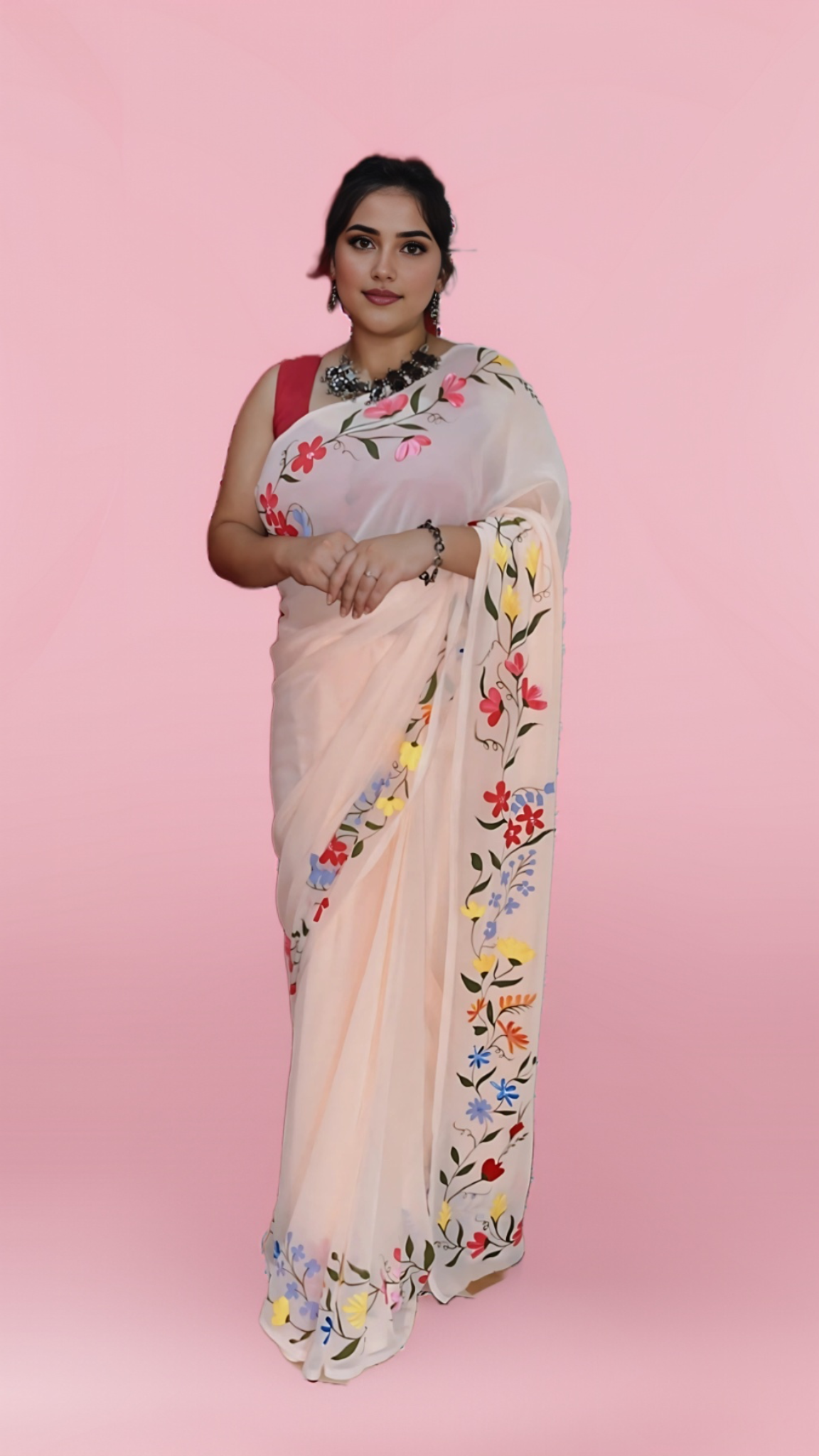 Floral Peach - Handpainted Georgette Saree