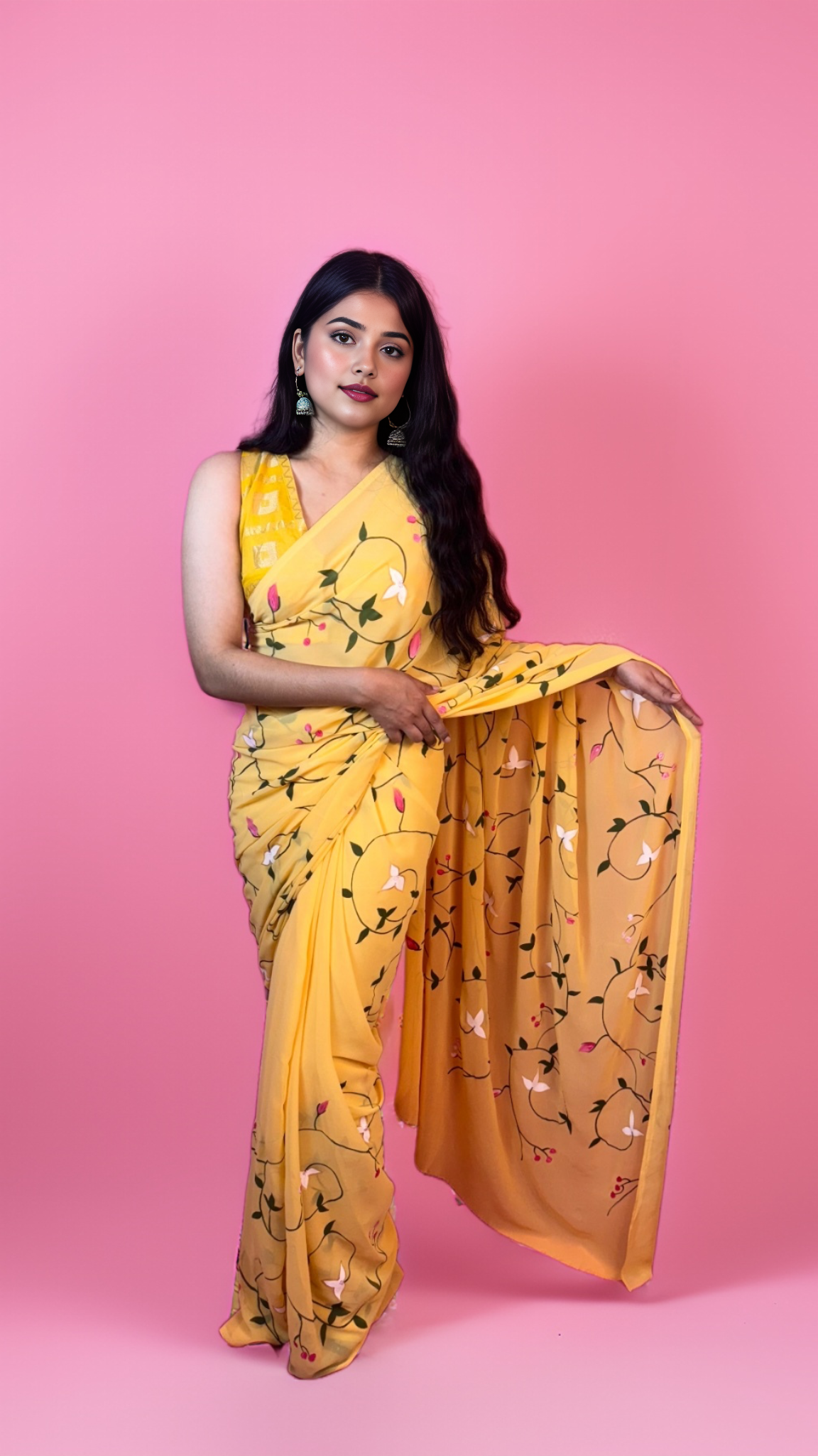 Floral Yellow - Yellow Handpainted Georgette Saree