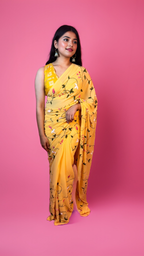 Floral Yellow - Yellow Handpainted Georgette Saree