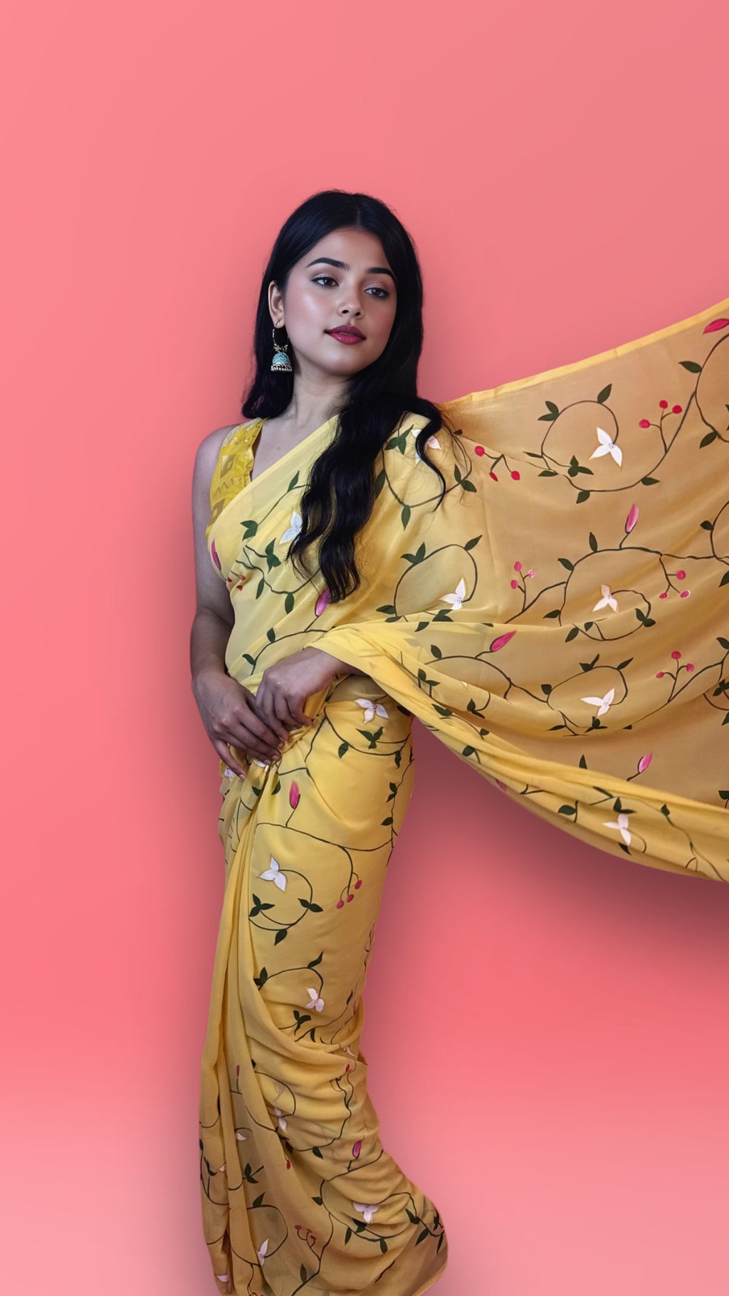 Floral Yellow - Yellow Handpainted Georgette Saree