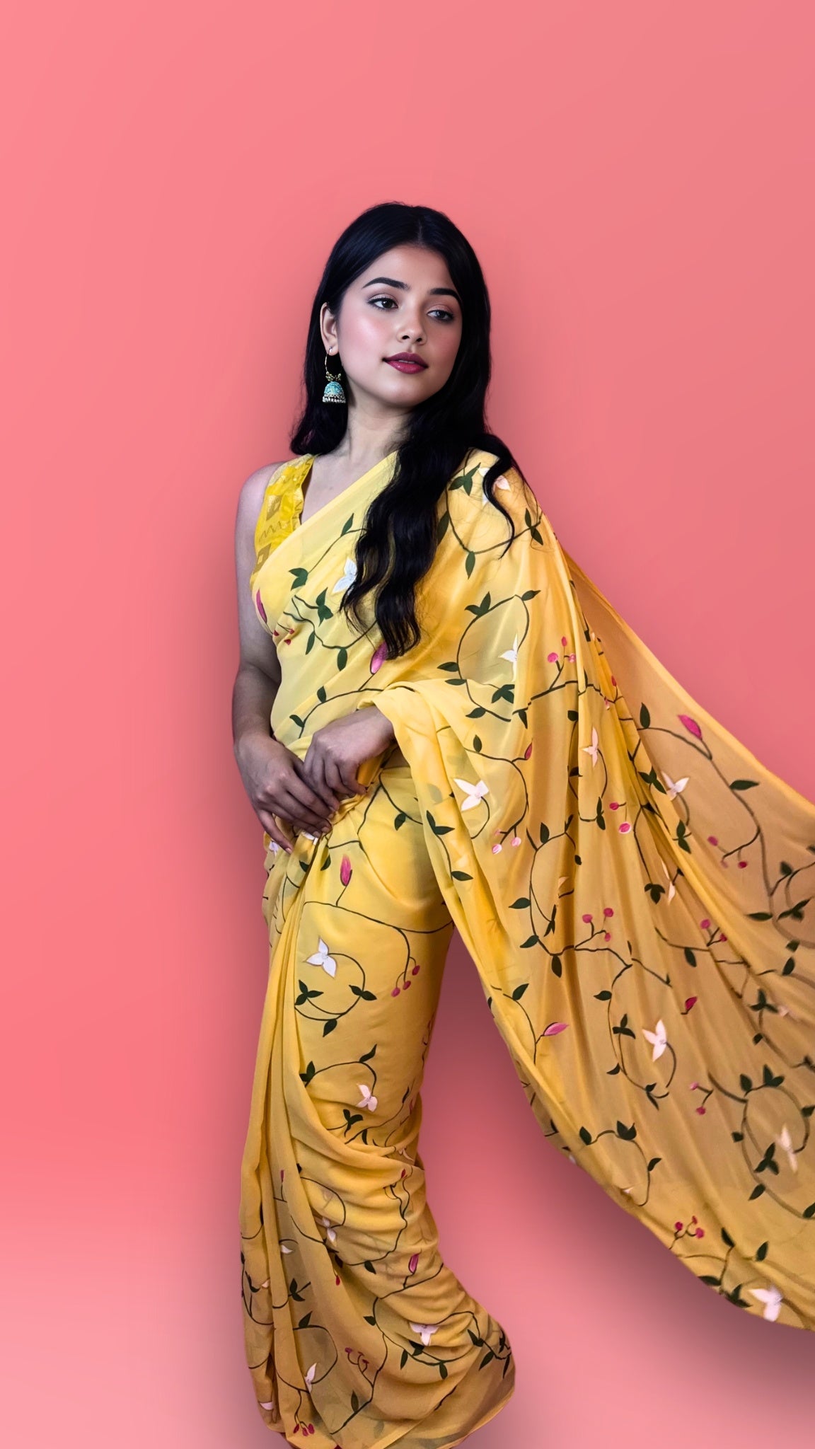Floral Yellow - Yellow Handpainted Georgette Saree