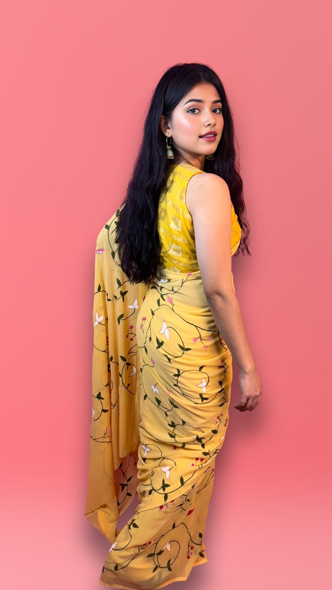Floral Yellow - Yellow Handpainted Georgette Saree
