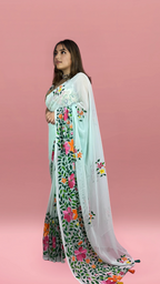 Floral Sea Green - Handpainted Georgette Saree