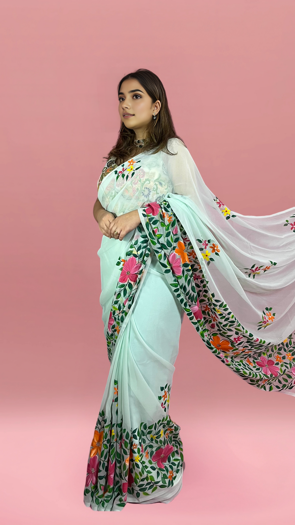 Floral Sea Green - Handpainted Georgette Saree