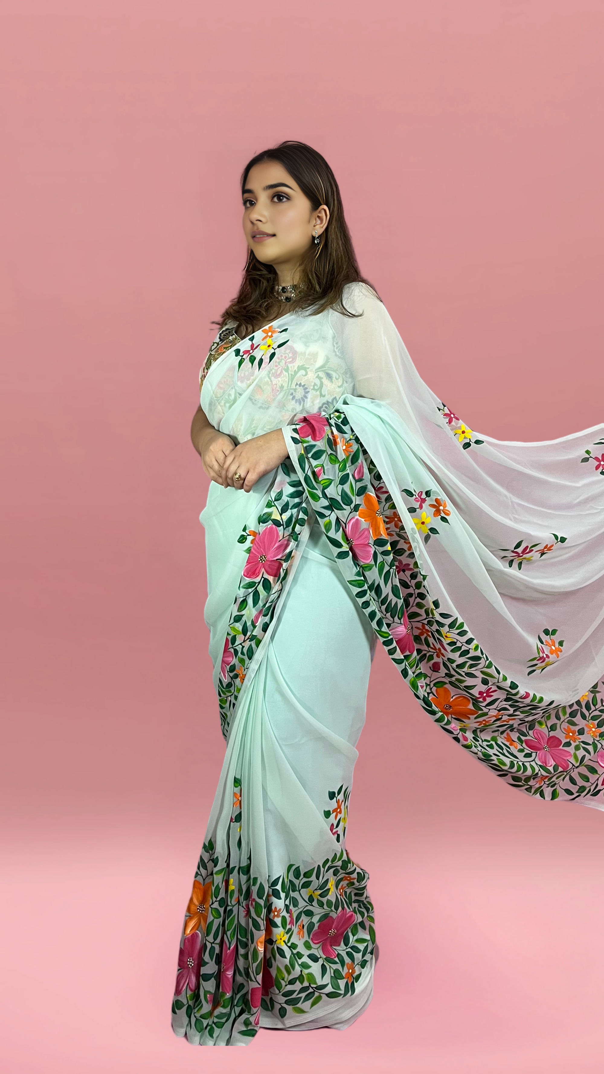 Floral Sea Green - Handpainted Georgette Saree