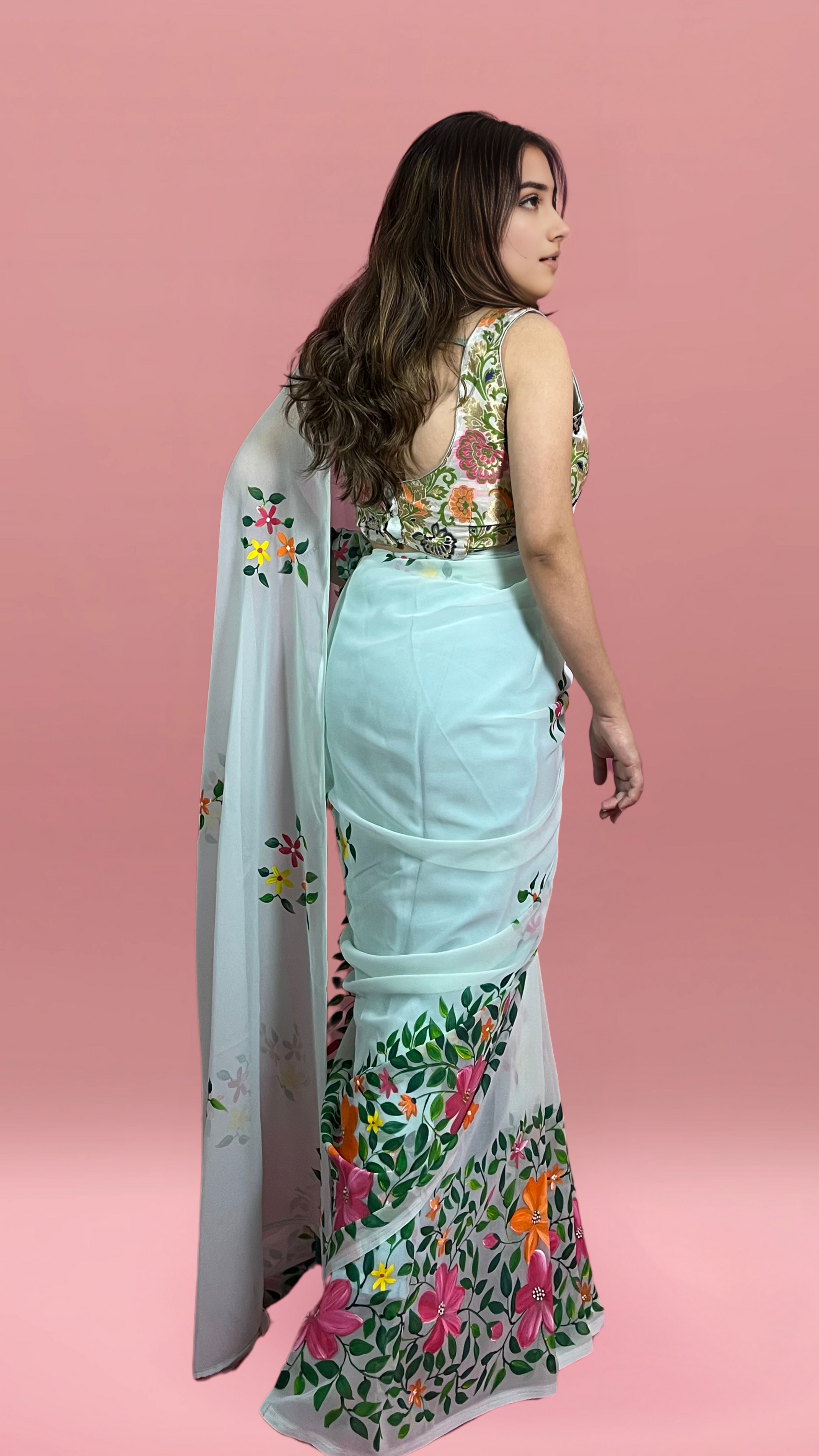 Floral Sea Green - Handpainted Georgette Saree