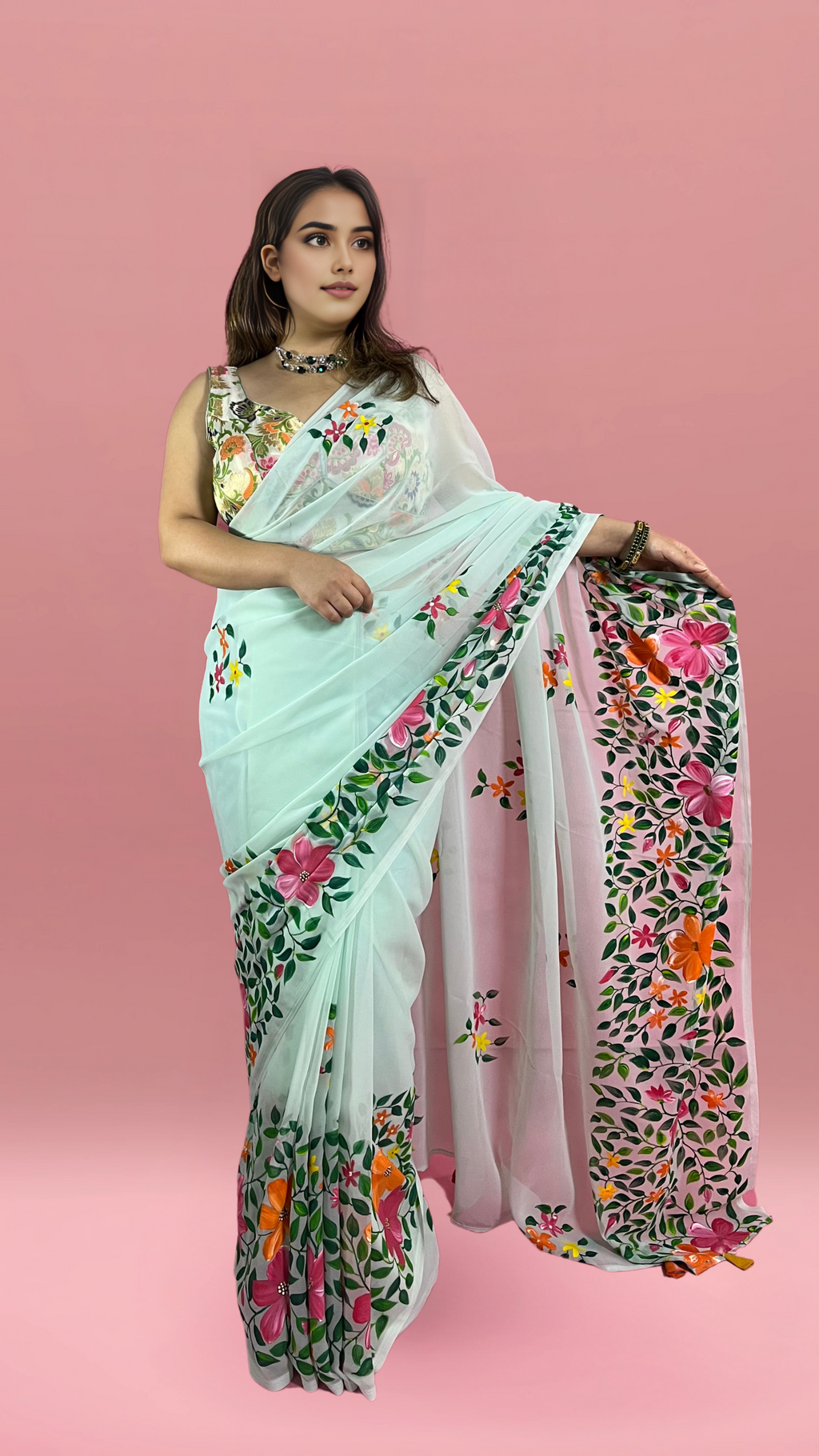 Floral Sea Green - Handpainted Georgette Saree