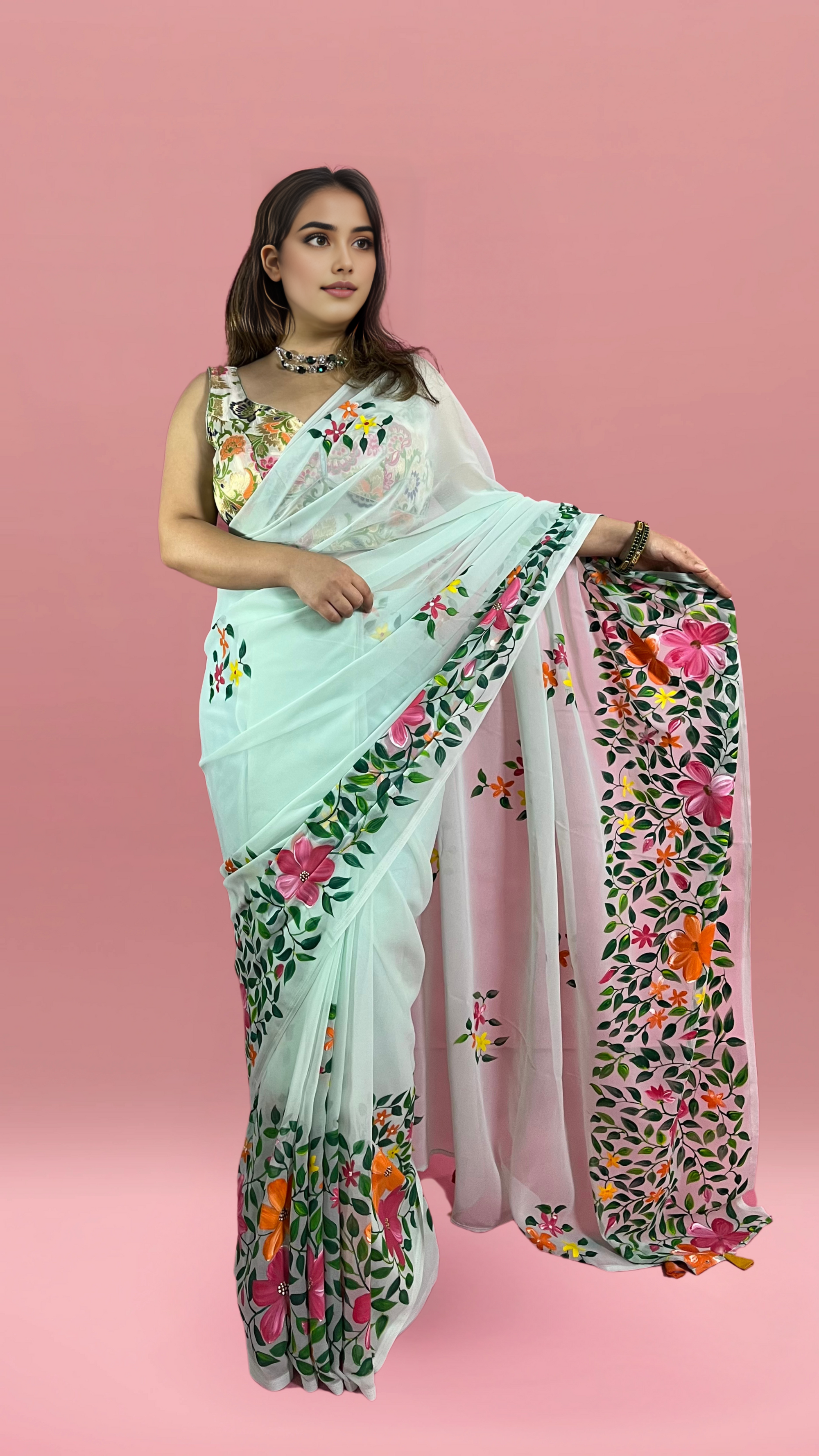 Floral Sea Green - Handpainted Georgette Saree