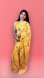 Floral Yellow - Yellow Handpainted Georgette Saree
