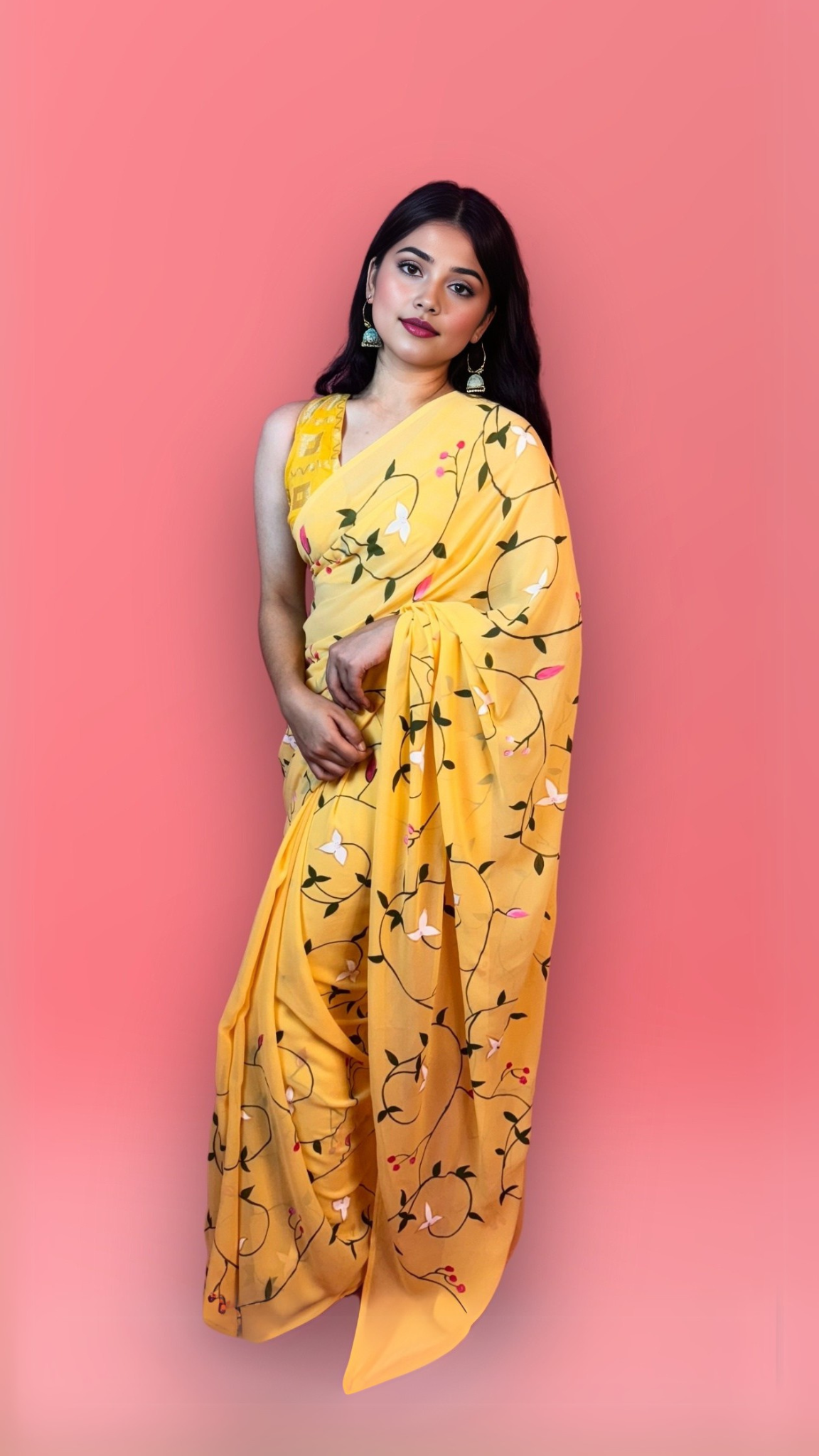 Floral Yellow - Yellow Handpainted Georgette Saree