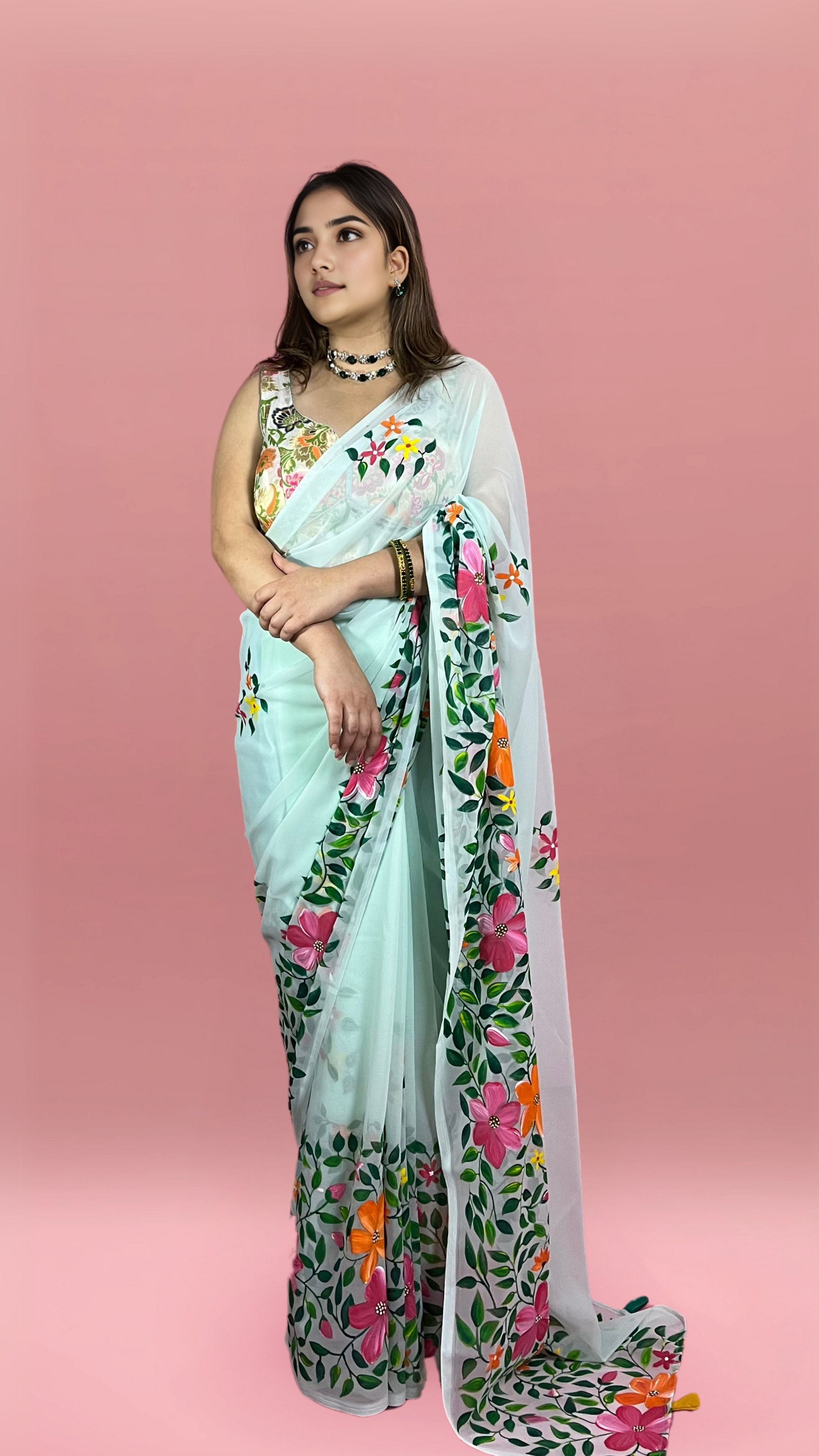 Floral Sea Green - Handpainted Georgette Saree