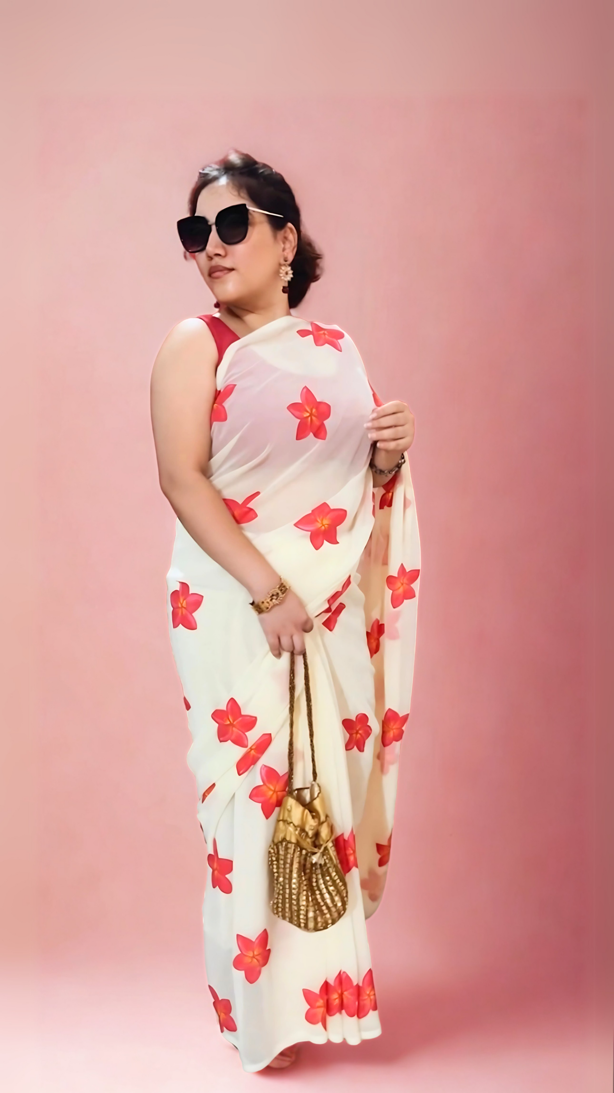 Floral Lemon Yellow - Handpainted Georgette Saree