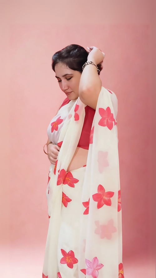 Floral Lemon Yellow - Handpainted Georgette Saree