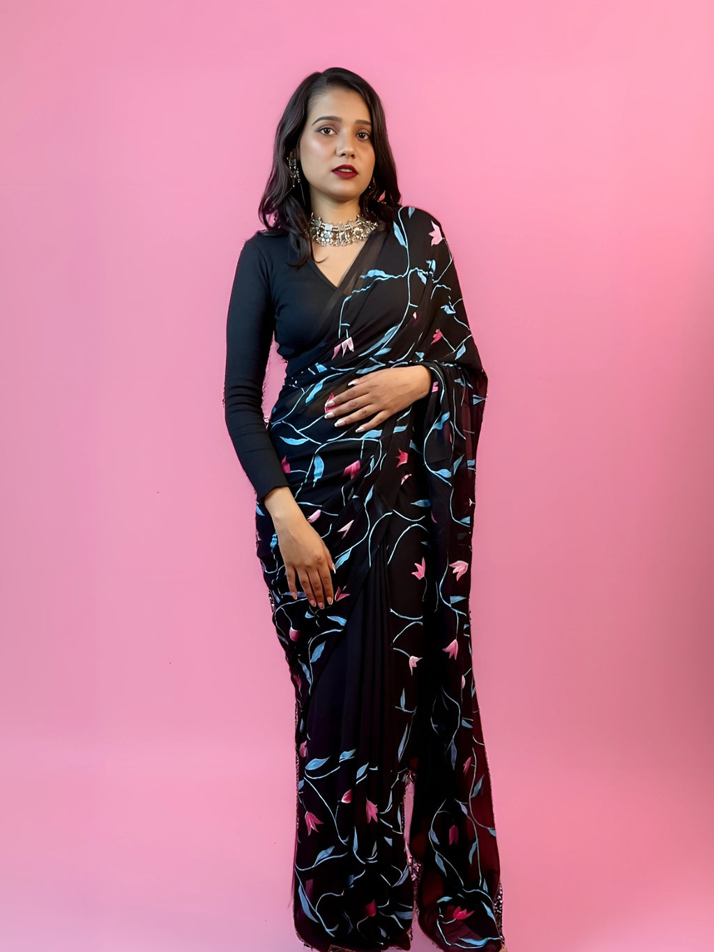 Raat Ki Rani - Black Handpainted Georgette Saree