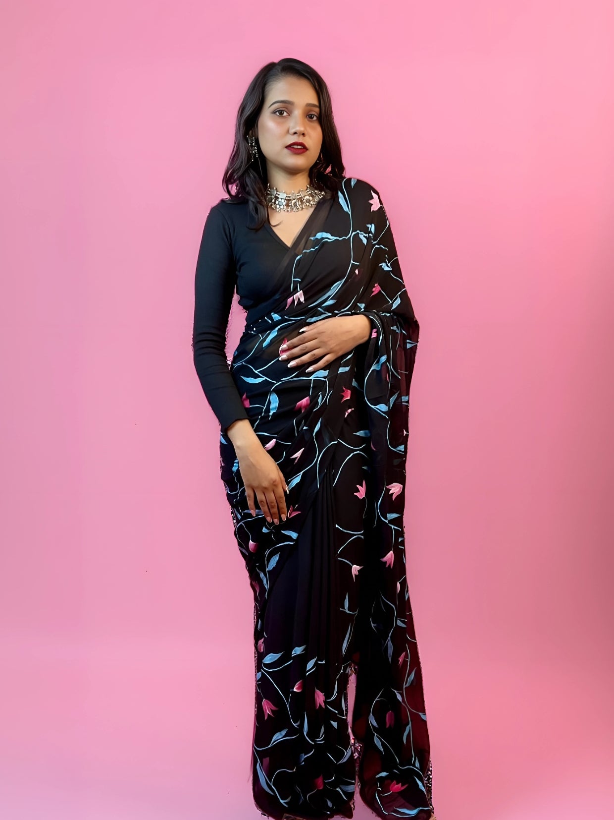 Raat Ki Rani - Black Handpainted Georgette Saree