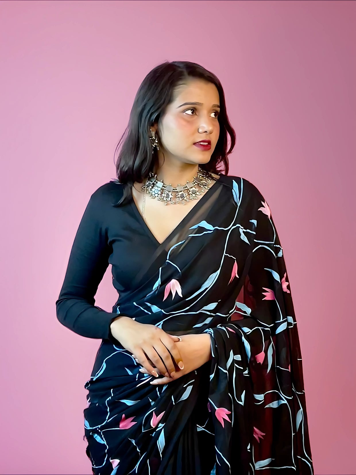 Raat Ki Rani - Black Handpainted Georgette Saree