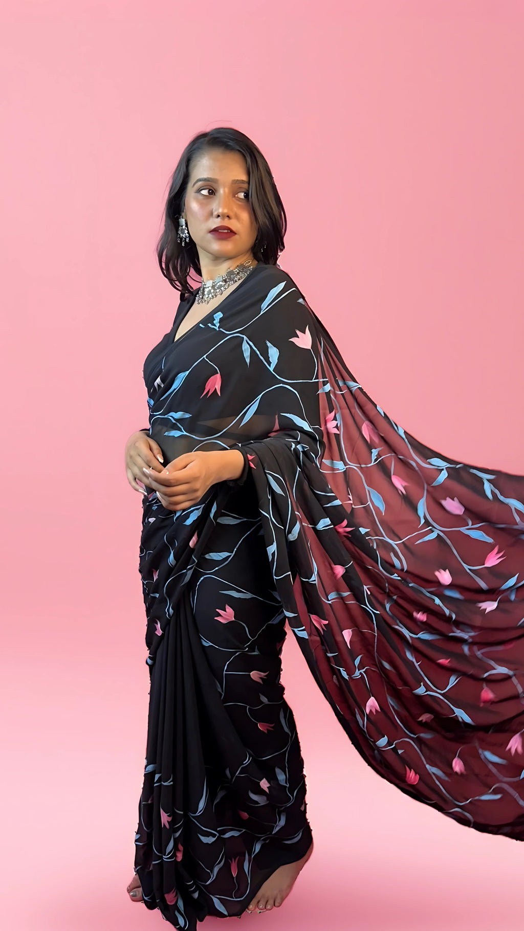 Raat Ki Rani - Black Handpainted Georgette Saree