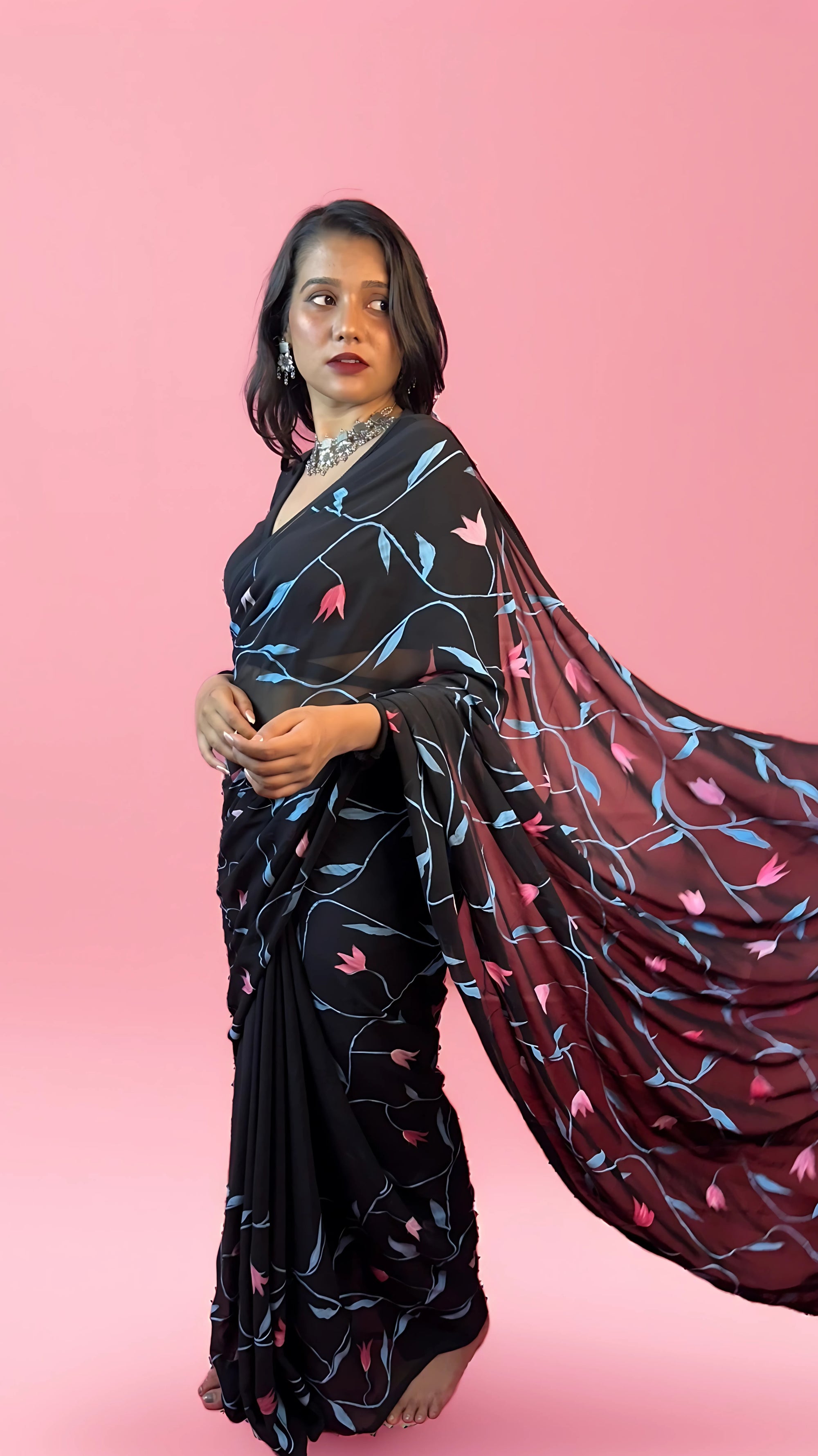 Raat Ki Rani - Black Handpainted Georgette Saree